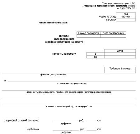 Пример типового бланка приказа (распоряжения) о приеме на работу по форме Т-1, скачать образец заполнения в Word